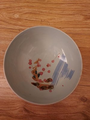 台灣早期手繪胭脂紅大碗公，台灣老碗盤