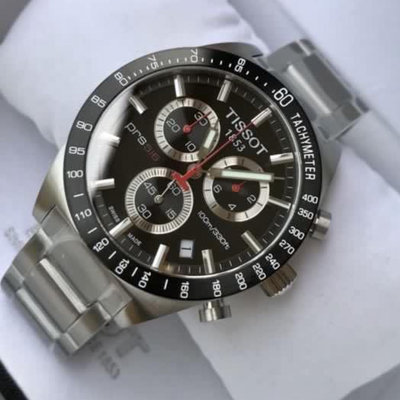 TISSOT PRS516黑色面錶盤 銀色不鏽鋼錶帶 石英 三眼計時 男士手錶T0444172105100天梭腕錶