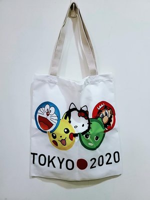 限時免運 日本東京奧運2020限定款周邊 米白色哆啦A夢Kitty 皮卡丘聯名防水帆布購物袋 收納袋 文青風 只有一個