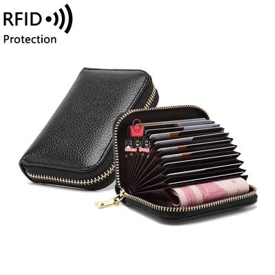 頭層牛皮風琴卡包女RFID防盜女士卡夾男士證件包多功能拉鍊小錢包 錢包 皮夾