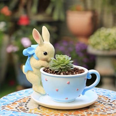 創意可愛田園歐式茶杯小兔子萌桌面擺件多肉植物花盆庭院園藝裝飾～不含植物