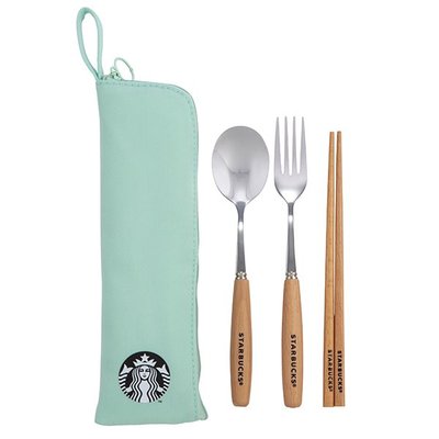 Starbucks 2020星巴克餐具袋組-湖水綠 / 星巴克餐具組 不鏽鋼款 星巴克隨行 餐具組