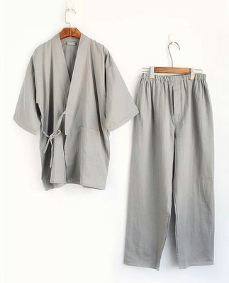 SG 男士純棉紗布七分袖日式和服睡衣甚平  長褲 禪服 居家服套裝 灰色/深藍  2色