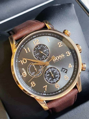 HUGO BOSS Navigator 玫瑰金色框灰色錶盤 棕色皮革錶帶 石英 三眼計時 男士手錶 1513496