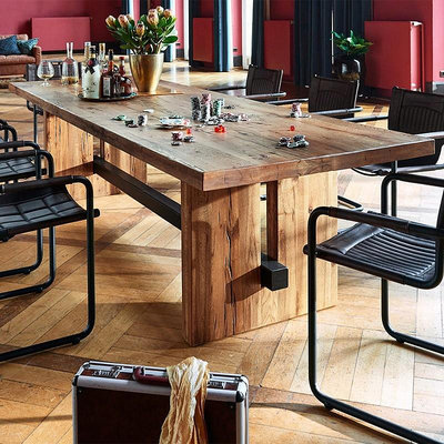 會議桌美式鄉村復古實木餐桌工業風會議桌歐式原木辦公桌家用飯桌椅組