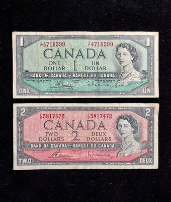 加拿大1954年一元二元二枚 風景版 女王鈔 原票舊品