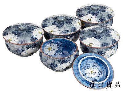 現貨造   和風花朵蓋碗五入組 日式藍釉彩繪茶花蓋碗茶碗套裝陶器下午喝茶杯擺件禮品可開發票