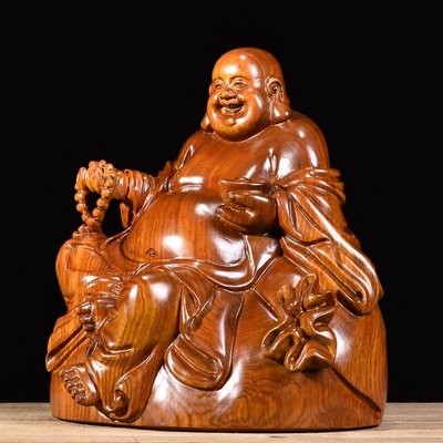 現貨熱銷-花梨木雕大肚彌勒佛像擺件實木元寶布袋坐笑佛紅木工藝品客廳招財佛像