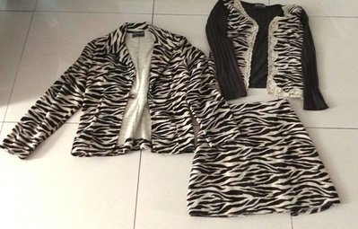 （出清）3件法國品牌 MORGAN 豹紋套裝（全豹紋墊肩小外套，摺疊A字短裙，及咖啡色/豹紋混搭小外套）尺寸均T01碼。除咖啡色小外套有彈性，其餘無彈性，無內裡