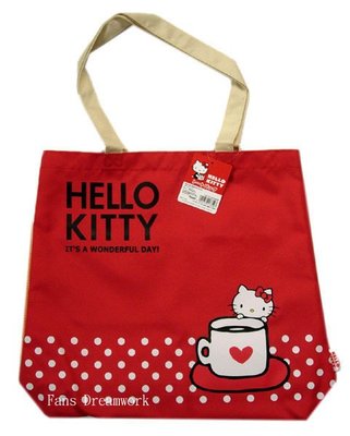 【卡漫迷】 Hello Kitty 肩背包 紅 咖啡杯 ㊣版 可肩背 補習袋 購物袋 萬用袋 手提袋 日版 凱蒂貓