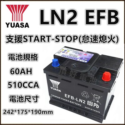 頂好電池-台中 台灣湯淺 YUASA LN2 EFB 60AH 免保養汽車電池 怠速啟停系統 DIN60 56224