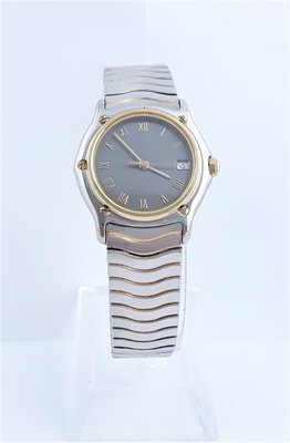 【Jessica潔西卡小舖】時尚精品錶EBEL玉寶.藍寶石水晶鏡面18K金外圈鋼帶石英腕錶
