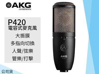 ♪♪學友樂器音響♪♪ AKG P420 電容式麥克風 大振膜 可切換指向 附硬盒 公司貨