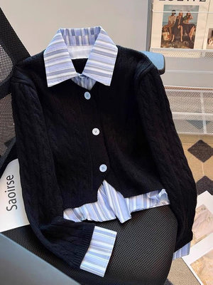 韓🇰🇷東大門🇰🇷假兩件條紋襯衫拼接V領設計感針織毛衣