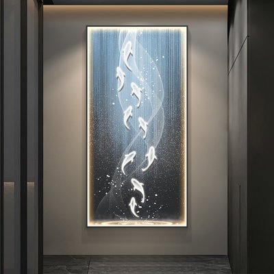 九魚圖玄關裝飾畫高級感led燈發光走廊過道壁畫現代輕奢入戶掛畫踉踉蹌蹌促銷