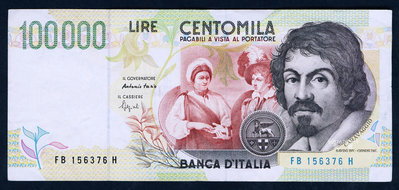 【鑒 寶】（外幣收藏） 義大利 1994年版 100000 里拉(畫家 卡拉瓦喬) 8成以上品相！ MYZ218