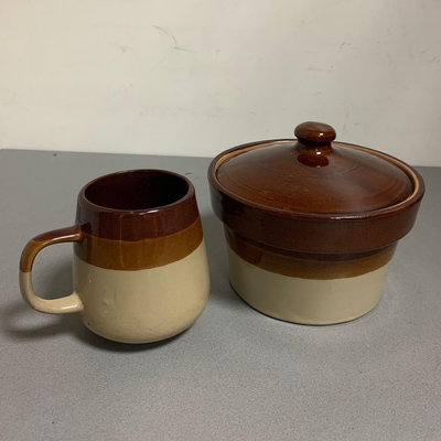 早期收藏的陶瓷有蓋咖啡色置物甕+茶杯