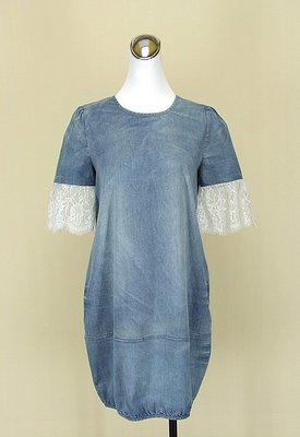 ◄貞新二手衣►forever 21 歐美品牌 藍色圓領短袖蕾絲牛仔洋裝M(42號)(78447)