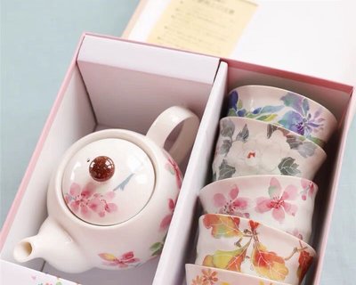 日本進口美濃燒和藍印彩花卉櫻花茶壺茶杯1壺5杯套裝