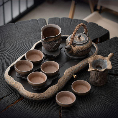 功夫茶具套裝 粗陶家用高檔輕奢中式復古功夫泡茶 茶壺 茶杯 茶盤