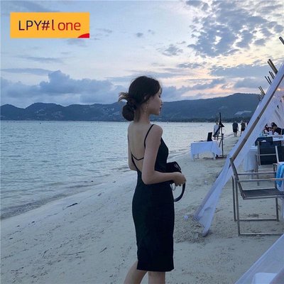 女裝黑色洋裝a字吊帶時尚休閒度假沙灘簡約【LPY#lone】