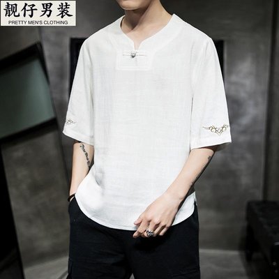 中國風T恤短袖男士棉麻V領上衣服亞麻體桖潮流刺繡大碼襯衫夏裝-靚仔男裝