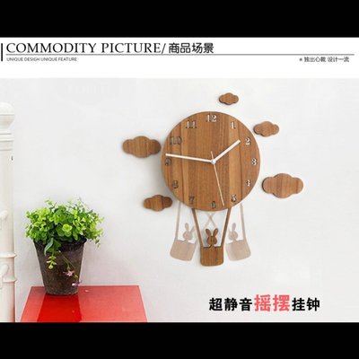 《簡約時尚》木質田園鄉村熱氣球鐘擺掛鐘！創意靜音客廳鐘擺大號時鐘