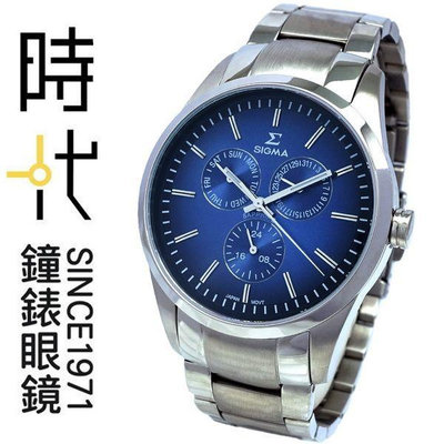 【台南 時代鐘錶 SIGMA】簡約時尚 藍寶石鏡面 三眼日期男錶 9815M-13 藍/銀 42mm 平價實惠的好選擇