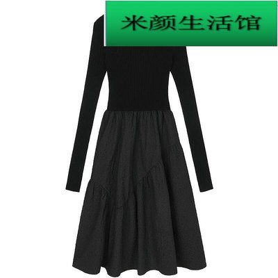 VEGA CHANG黑色洋裝女2023秋冬裝新款拼接織顯高級感裙子