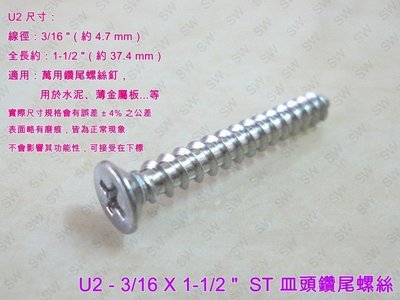 U2十字螺絲 3/16 X 1-1/2 〞白鐵 皿頭螺絲（單支價 3 元）尖尾攻牙釘 鐵板牙螺絲 尖頭螺絲 鐵工 木工用