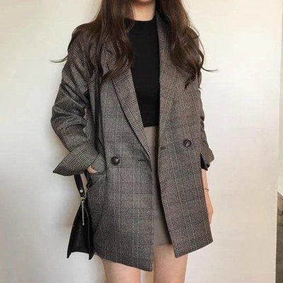 新品 韓國時尚氣質翻領格紋西裝外套
