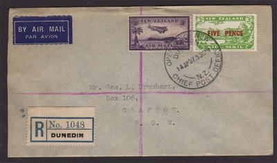 紐西蘭New Zealand 1937 Air mail Registered to NSW - nice 庫號#DX01 19330