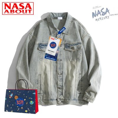 NASA牛仔衣男春秋季新款青少年韓版潮流寬松翻領夾克水洗牛仔外套