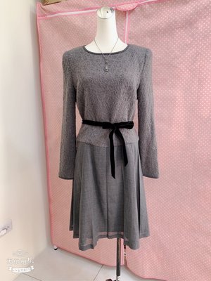 百貨公司日本高級精品服飾專櫃M’S GRACY灰色毛料長袖繫帶小洋裝