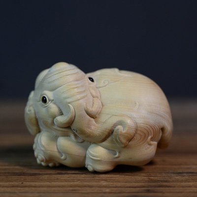 佛藝館  黃楊木雕刻大象擺件文玩手把件茶桌茶寵木質工藝品家居內飾擺飾