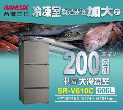 SANLUX台灣三洋 606公升 1級變頻雙門電冰箱 SR-V610C DC直流變頻壓縮機 3D立體冷流 移動式密封蛋盒 可調式強化玻璃棚架