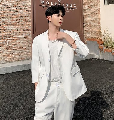 《TINO HOMME》2019春夏新款日韓版不規則剪裁二粒釦修身九分袖休閒西裝外套