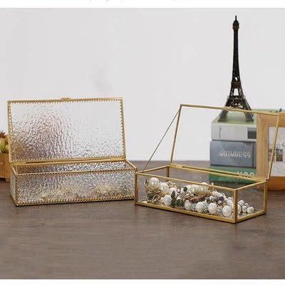 金色玻璃收納盒置物盒珠寶盒首飾盒桌上收納飾品手錶收納居家裝飾金色鐵藝 長23 寬10 高5.5 zakka