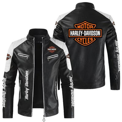 Harley Davidson摩托LOGO皮外套 保暖防風大尺碼男士 車標印花夾克