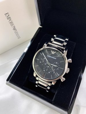 EMPORIO ARMANI 黑色面錶盤 銀色不鏽鋼錶帶 石英 三眼計時 男士手錶 AR1853