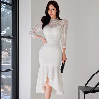 MissBig韓版時尚氣質優雅蕾絲拼接魚尾禮服連衣裙《187302542》