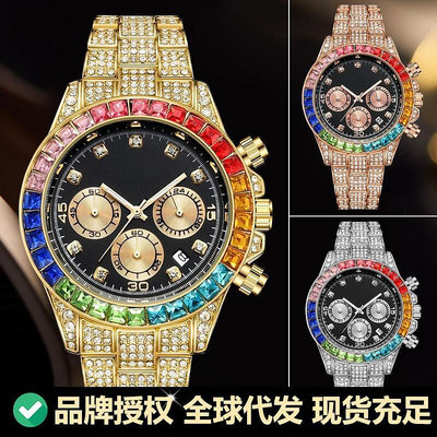 快速出貨PINTIME品時歐式風格男腕錶奢華滿鑽鑲鑽無LOGO六針計時石英手錶