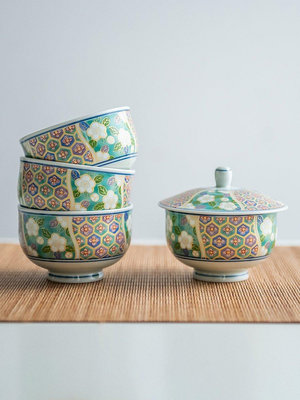 茶藝師 日本進口波佐見燒華小紋帶蓋碗套裝木禮盒家用陶瓷湯盅碗蒸蛋碗