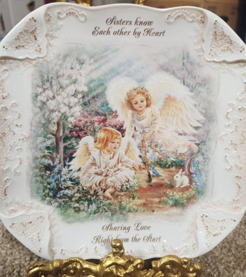 西洋古董畫盤裝飾盤，四方盤，圈邊蕾絲，浪漫至極，兩個小天使，