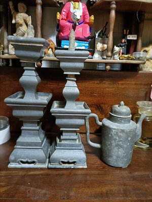 早期老台灣合春錫店制作，錫燭台，錫壺共三樣#厚料