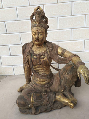 木雕佛像 貼金坐地自在觀音菩薩造像擺件