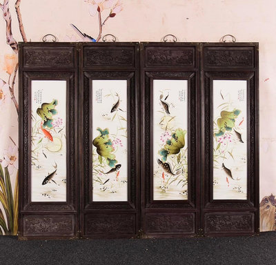 珠山八友之鄧碧珊作品賞析 紅木雕花框鑲粉彩花鳥瓷板畫掛屏一組 尺寸120寬37「單塊」4800