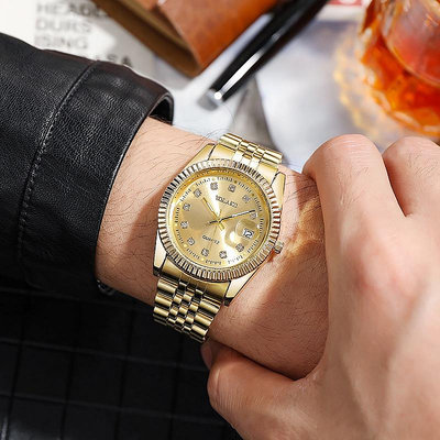 新款男士手錶 日曆石英錶 金色不鏽鋼男錶 時尚商務男手錶