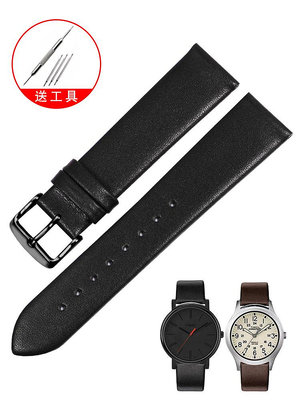 代用錶帶 真皮手錶帶適配TIMEX天美時遠征系列T49963三眼計時超薄黑色錶鏈
