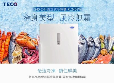 TECO東元 240公升直立式無霜冷凍櫃 RL240SW 珍珠白